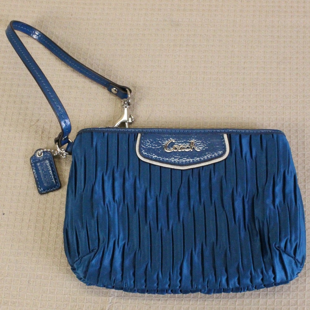 Coach Pleated Satin Wristlet Blue Teal Patent Leather Trim Minimalist Bag Small